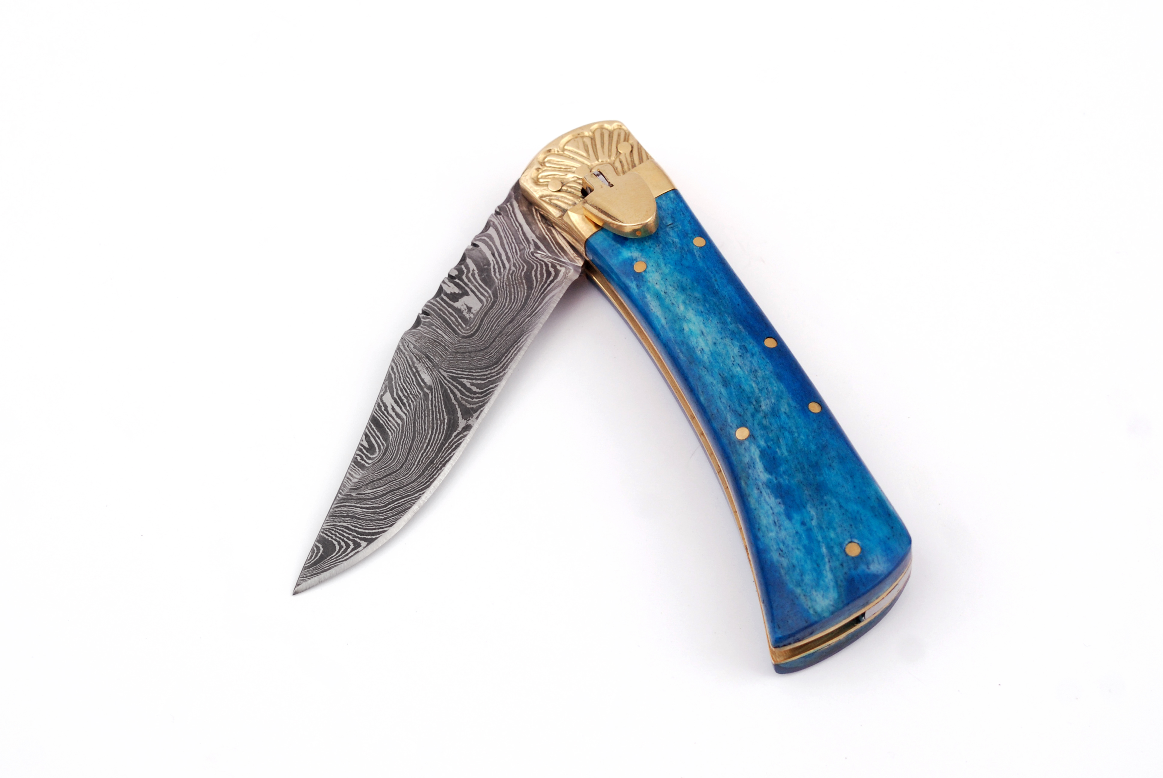 Damascus Leverletto Cerulean Blue Spring Asssited Folding Knife