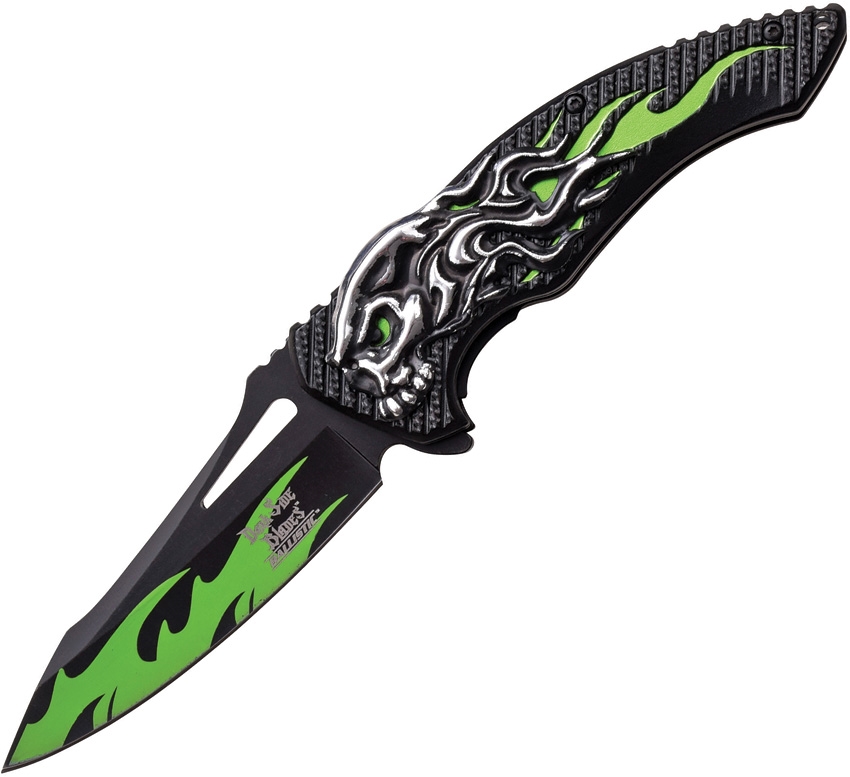 Dark Side DSA034GN Skull Flame Linerlock A/O Knife, Green