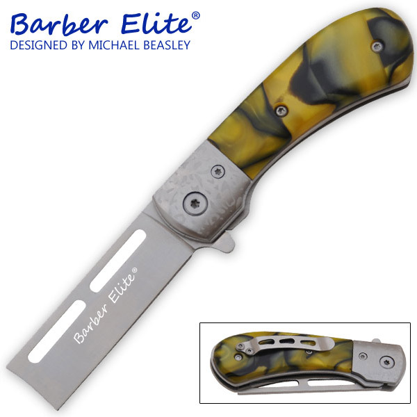 Spring Assisted  Barber's Elite Straight Razor, Black & Yellow