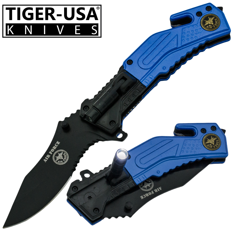 Spring Assisted LED Flash Light Tactical Knife, Blue-AF