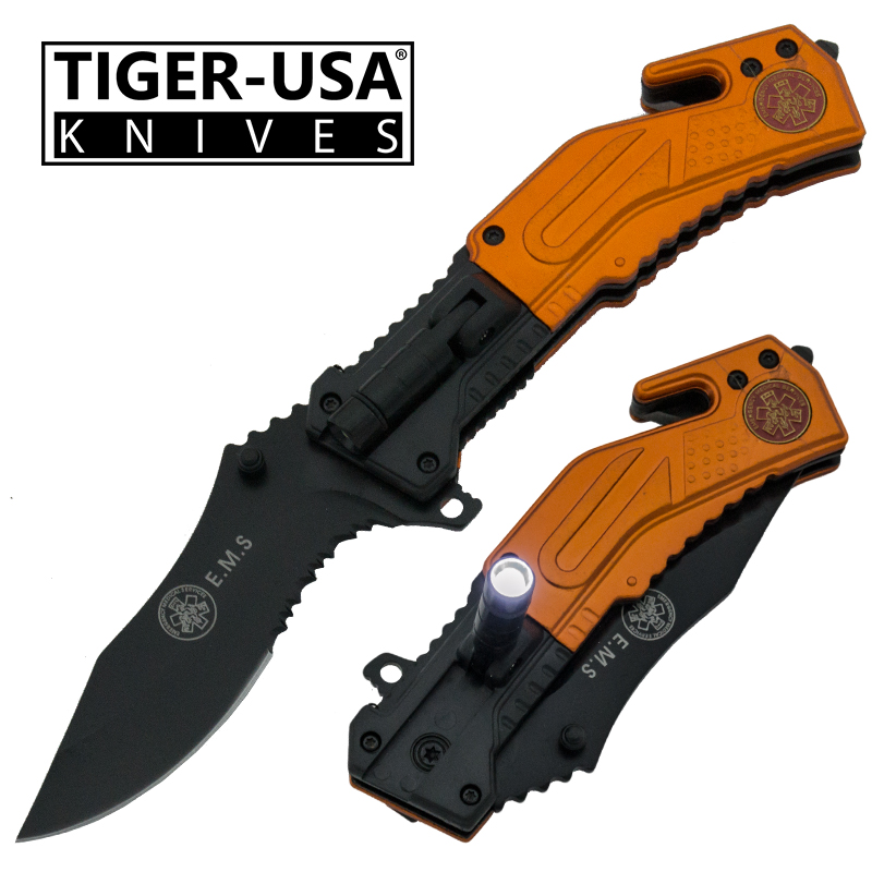 Spring Assisted LED Flash Light Tactical Knife, Orange